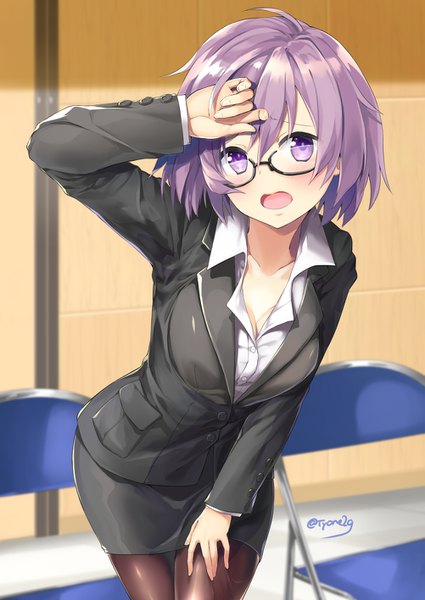 Anime picture 1002x1416 with fate (series) fate/grand order mash kyrielight tyone single tall image looking at viewer blush fringe short hair breasts open mouth hair between eyes standing purple eyes signed cleavage purple hair indoors long sleeves