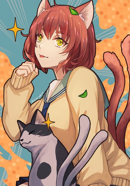 Anime-Bild 840x1200 mit original rokuo016 single tall image short hair brown hair animal ears yellow eyes tail long sleeves animal tail cat ears cat girl cat tail dated sleeves past wrists multiple tails nekomata cat day girl