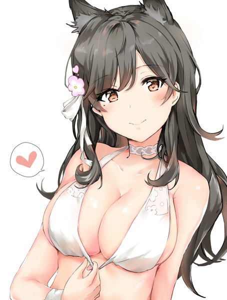 Anime picture 1515x2000 with azur lane atago (azur lane) sidukisaika single long hair tall image looking at viewer blush fringe breasts light erotic black hair simple background large breasts white background bare shoulders brown eyes animal ears payot upper body
