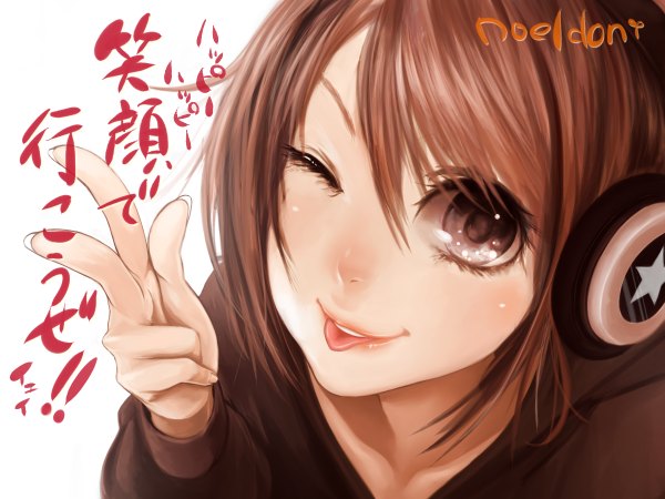Anime picture 1200x900 with original noeldon (okamocheese) single blush short hair simple background smile brown hair white background brown eyes one eye closed wink inscription hieroglyph victory face girl tongue headphones