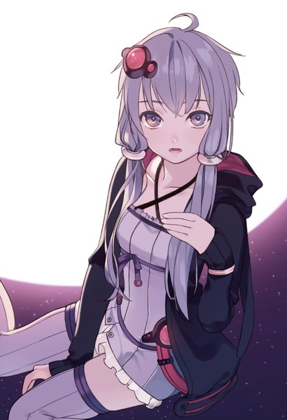 Anime picture 607x888 with vocaloid yuzuki yukari haruwakame single long hair tall image fringe short hair open mouth sitting twintails purple eyes purple hair bent knee (knees) from above open clothes open jacket low twintails girl thighhighs