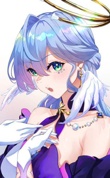 Anime picture 1382x2230 with honkai: star rail honkai (series) robin (honkai: star rail) ailushin single long hair tall image looking at viewer blush fringe breasts open mouth simple background hair between eyes bare shoulders green eyes silver hair upper body hand on chest head wings