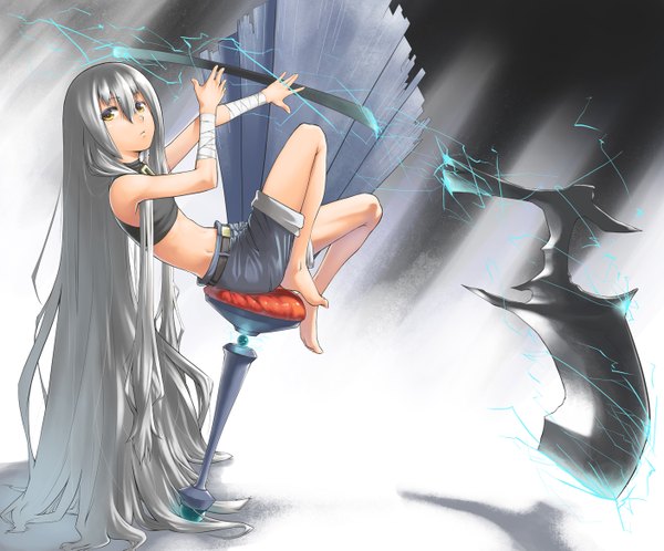 Anime picture 1406x1169 with original pixiv fantasia touko (artist) single long hair yellow eyes silver hair barefoot lightning girl weapon shorts bandage (bandages)