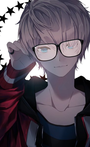 Anime picture 1250x2043 with original yukishima bema single tall image looking at viewer fringe short hair blue eyes simple background hair between eyes white background silver hair upper body open jacket boy glasses jacket star (symbol) ring