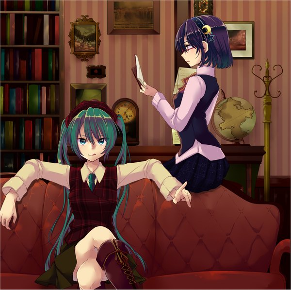 Anime picture 1772x1765 with vocaloid hatsune miku yami (m31) long hair fringe highres short hair blue eyes smile red eyes sitting twintails looking away purple hair bent knee (knees) indoors profile pleated skirt aqua hair crossed legs