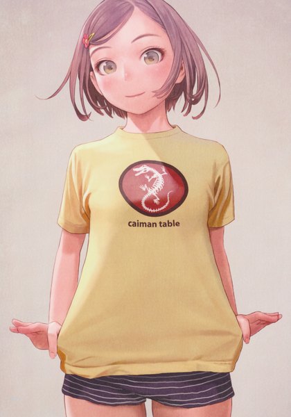Anime picture 3360x4800 with original range murata single tall image looking at viewer highres short hair simple background smile brown hair brown eyes absurdres scan girl shorts hairclip short shorts t-shirt