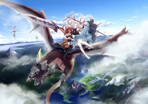 Anime picture 1924x1360 with original conone long hair blush highres short hair open mouth blue eyes multiple girls holding brown eyes sky cloud (clouds) white hair red hair pointy ears bare belly midriff dark skin flying