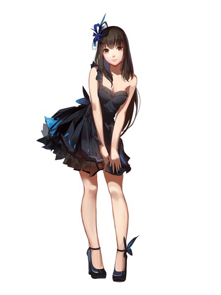 Anime picture 3000x4000 with original red flowers single long hair tall image looking at viewer fringe highres breasts simple background smile brown hair standing white background bare shoulders brown eyes cleavage lips high heels leaning