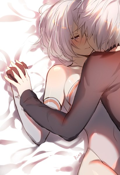 Anime picture 2031x2952 with nier nier:automata yorha no. 2 type b yorha no. 9 type s aki663 tall image blush fringe highres short hair blue eyes light erotic signed looking away white hair lying from above mole on back embarrassed