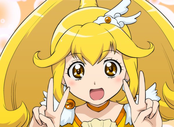 Anime picture 1000x728 with precure smile precure! toei animation kise yayoi cure peace ueyama michirou single long hair looking at viewer blush open mouth blonde hair yellow eyes ponytail victory face girl
