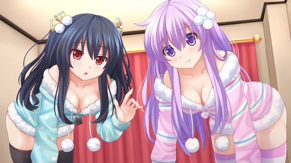 Аниме картинка 1920x1080 с игровое гиперпространство нептунии nepgear uni (choujigen game neptune) kazenokaze длинные волосы смотрит на зрителя румянец высокое разрешение грудь открытый рот лёгкая эротика чёрные волосы красные глаза широкое изображение фиолетовые глаза несколько девушек фиолетовые волосы девушка чулки украшения для волос