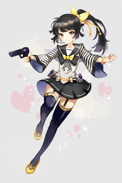 Anime picture 643x967 with original apring single long hair tall image looking at viewer fringe black hair simple background smile brown eyes payot full body bent knee (knees) grey background sparkle zettai ryouiki side ponytail spread arms striped