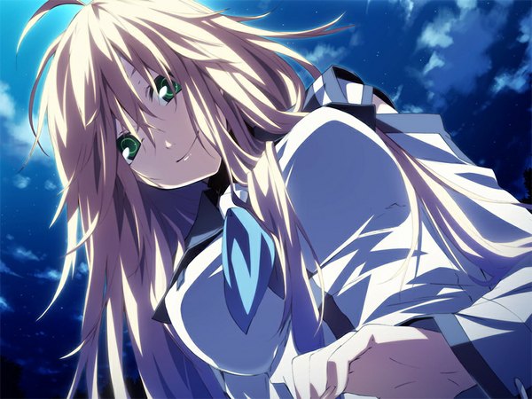 Anime picture 1024x768 with dies irae long hair blonde hair green eyes game cg night girl