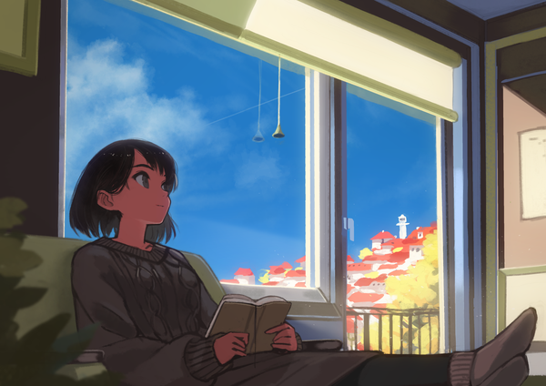 Anime picture 2046x1447 with original kaneni single highres short hair black hair sitting looking away sky cloud (clouds) indoors city cityscape girl socks window book (books)