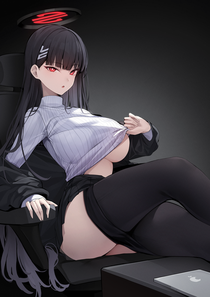 Anime picture 2894x4093 with blue archive rio (blue archive) ddangbi single tall image looking at viewer fringe highres breasts light erotic black hair simple background red eyes large breasts sitting bent knee (knees) blunt bangs long sleeves very long hair pleated skirt