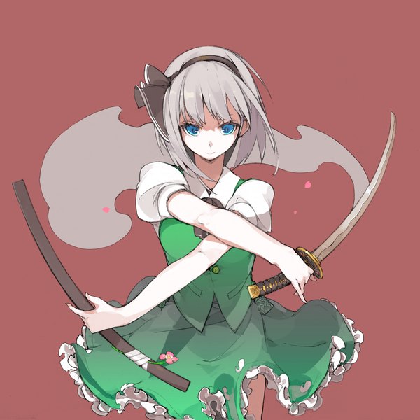 Anime picture 2169x2169 with touhou konpaku youmu myon manabi (artist) single looking at viewer fringe highres short hair breasts blue eyes simple background blonde hair silver hair light smile grey hair crossed arms red background fighting stance ghost