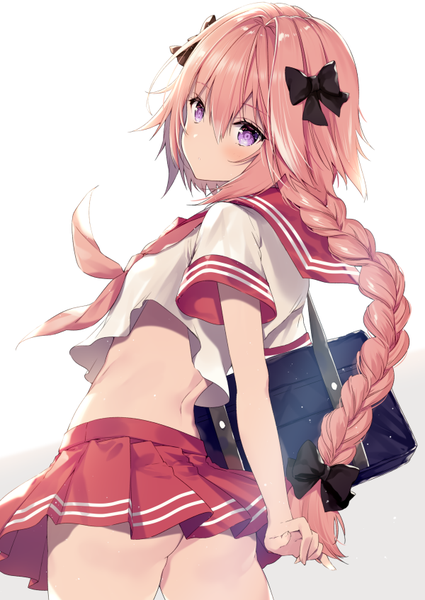 Anime-Bild 600x847 mit fate (series) fate/grand order fate/apocrypha astolfo (fate) necomi (gussan) single long hair tall image looking at viewer blush fringe light erotic simple background hair between eyes standing white background purple eyes pink hair ass braid (braids)