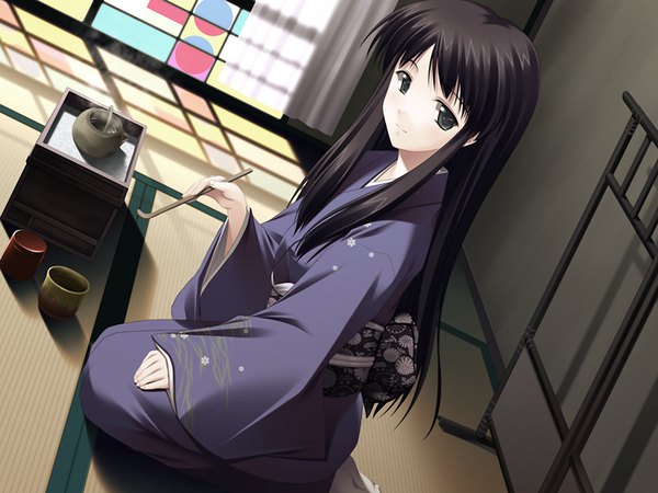 Anime picture 1200x900 with akasen gairo (game) black hair game cg japanese clothes girl kimono japanese house