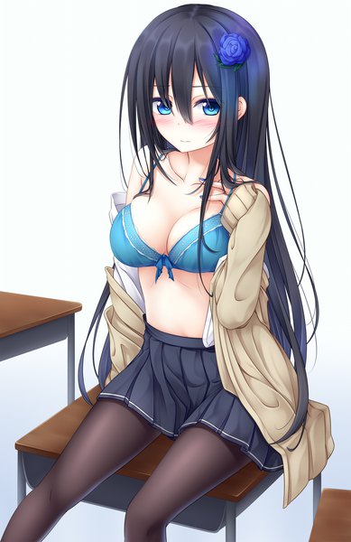 Anime picture 1000x1541 with original yoye (pastel white) single long hair tall image blush fringe breasts blue eyes light erotic black hair simple background hair between eyes large breasts sitting pleated skirt hair flower gradient background girl skirt