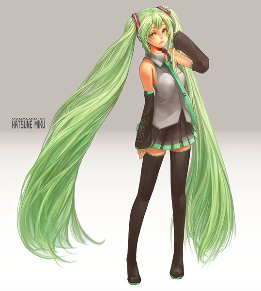 Anime picture 1600x1781 with vocaloid hatsune miku sachito (artist) single tall image looking at viewer simple background twintails green eyes very long hair pleated skirt green hair inscription grey background alternate hair color girl skirt detached sleeves thigh boots