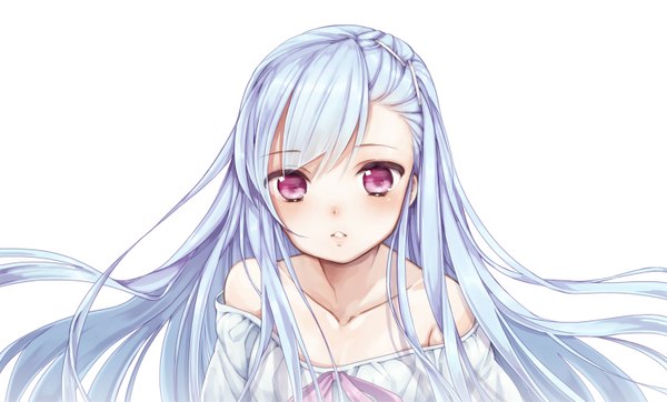 Anime picture 1500x905 with children of the rune tales weaver (game) benya (tales weaver) anz (starry) single long hair looking at viewer simple background wide image white background bare shoulders blue hair pink eyes girl