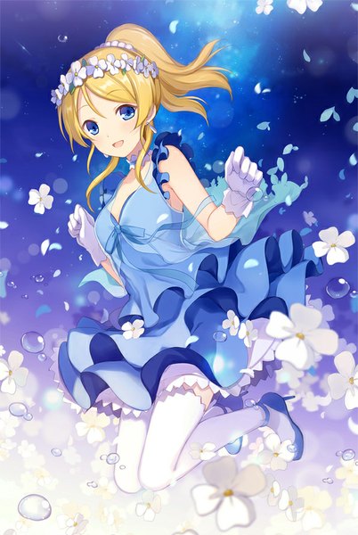 Anime picture 597x890 with love live! school idol project sunrise (studio) love live! ayase eli 6u (eternal land) single long hair tall image looking at viewer fringe breasts open mouth ponytail high heels zettai ryouiki sleeveless happy girl thighhighs dress