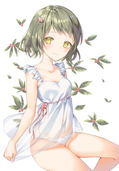 Anime picture 1200x1721 with original cha chya single tall image looking at viewer blush fringe short hair light erotic simple background white background yellow eyes green hair light smile girl hair ornament underwear panties leaf (leaves) white panties