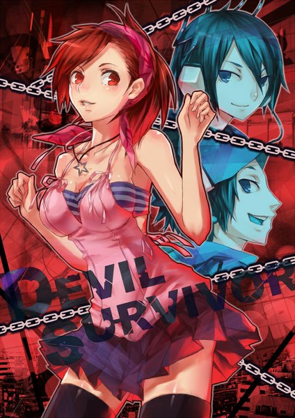 Anime picture 707x1000 with megami ibunroku devil survivor protagonist (devil survivor) tanigawa yuzu 2d (artist) long hair tall image short hair open mouth blue eyes smile red eyes red hair profile pleated skirt aqua hair inscription dual persona girl thighhighs boy