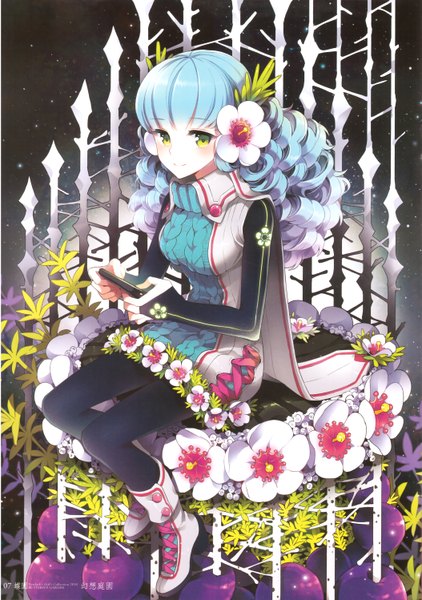 Anime picture 2108x2996 with original nardack single long hair tall image looking at viewer highres blue eyes smile sitting green eyes scan wavy hair girl flower (flowers) shoes