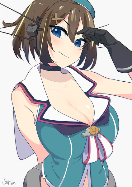 Anime picture 566x800 with kantai collection maya heavy cruiser sohin single tall image looking at viewer short hair breasts blue eyes light erotic simple background smile hair between eyes brown hair large breasts bare shoulders signed cleavage grey background arm behind back