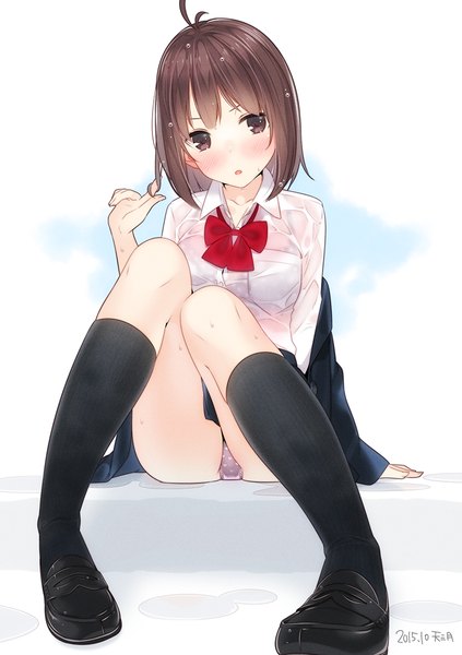 Anime picture 776x1100 with original ama mitsuki single tall image blush short hair open mouth light erotic brown hair brown eyes pantyshot pantyshot sitting girl underwear panties socks black socks