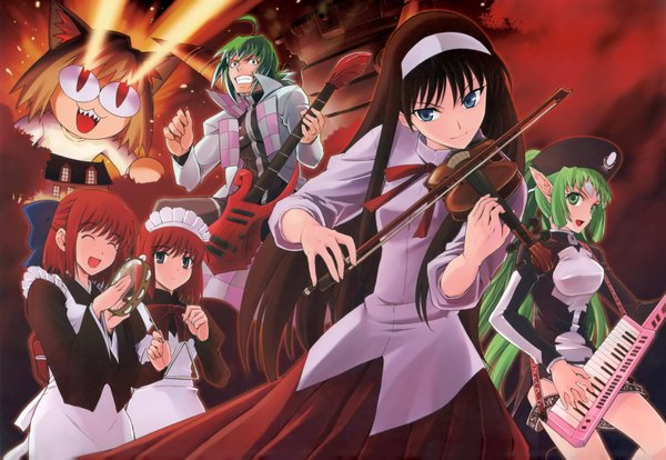 Anime picture 3488x2409 with shingetsutan tsukihime type-moon arcueid brunestud toono akiha kohaku (tsukihime) hisui (tsukihime) neko-arc highres green eyes animal ears absurdres green hair maid elf guitar violin bow (instrument)