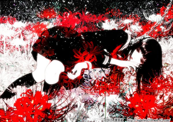 Anime picture 1000x707 with hell girl studio deen enma ai kiyohara hiro single long hair looking at viewer black hair red eyes lying lips on side white skin girl uniform flower (flowers) socks serafuku black socks higanbana