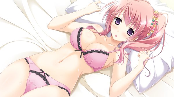 Anime picture 1920x1080 with sakura mau otome no rondo komine manami kimishima ao single long hair looking at viewer blush highres breasts open mouth light erotic wide image large breasts purple eyes bare shoulders pink hair game cg cleavage ponytail hair flower