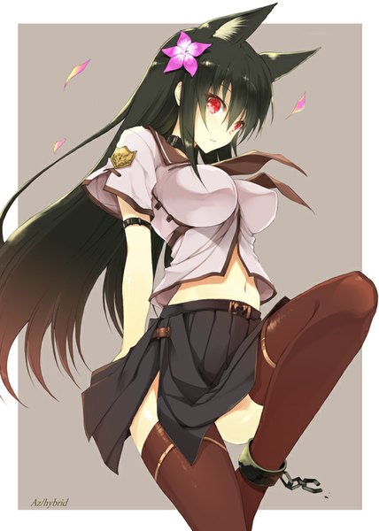 Anime picture 623x874 with original won (az hybrid) single long hair tall image looking at viewer breasts light erotic simple background red eyes signed animal ears bent knee (knees) fox ears border framed girl navel petals shackles