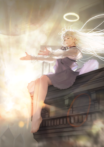 Anime picture 1778x2505 with original usukuchi (impasto life) single long hair tall image fringe highres hair between eyes sitting silver hair full body bent knee (knees) outdoors eyes closed long sleeves nail polish barefoot wind outstretched hand girl