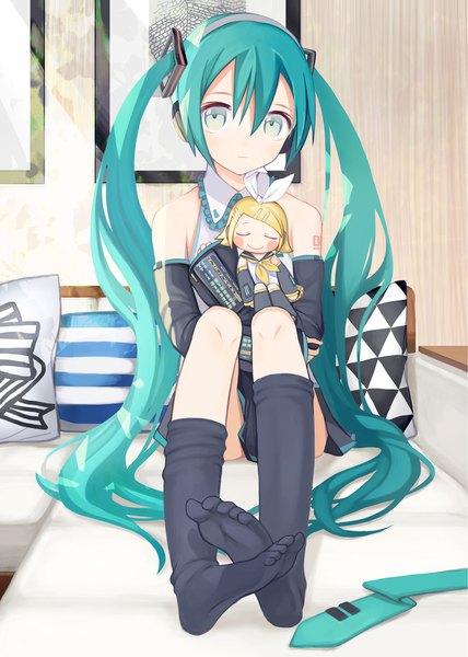 Anime picture 1500x2100 with vocaloid hatsune miku kagamine rin kari kenji single tall image looking at viewer fringe light erotic hair between eyes sitting bare shoulders full body indoors very long hair aqua eyes aqua hair tattoo no shoes expressionless