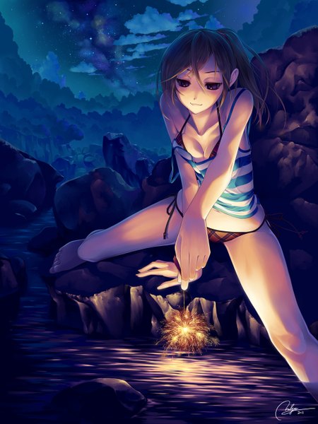 Anime picture 1000x1333 with original yuuzii single long hair tall image light erotic black hair cleavage cloud (clouds) ponytail black eyes night bare legs striped rock soaking feet swimsuit under clothes girl swimsuit bikini