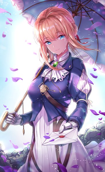Anime picture 3360x5485 with violet evergarden kyoto animation violet evergarden (character) cow-ring single long hair tall image looking at viewer blush fringe highres breasts blue eyes simple background blonde hair smile hair between eyes standing holding payot