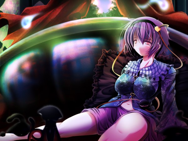 Anime picture 1600x1200 with touhou komeiji satori reiha (penetrate) single short hair breasts light erotic red eyes purple hair eyes girl navel hairband curtains