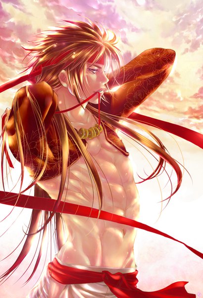 Anime picture 958x1400 with sengoku basara production i.g sanada yukimura rin-shiba single long hair tall image light erotic brown hair standing holding brown eyes cloud (clouds) profile arm up mouth hold groin adjusting hair muscle arched back