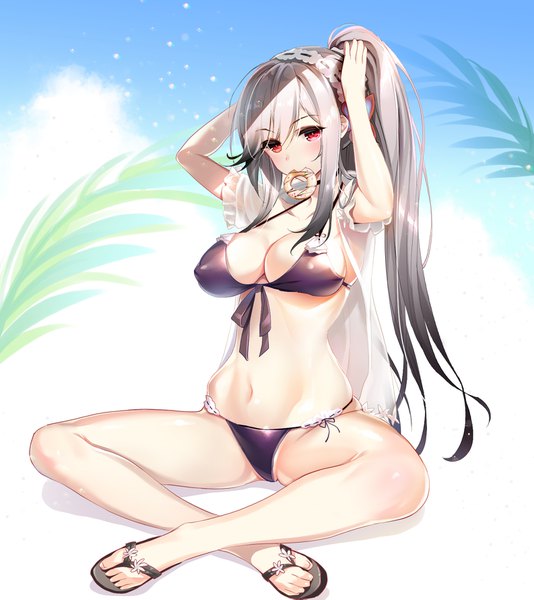 Anime picture 1586x1779 with azur lane dunkerque (azur lane) dunkerque (summer sucre) (azur lane) youta single long hair tall image looking at viewer blush breasts light erotic red eyes large breasts sitting holding payot sky cleavage cloud (clouds) full body