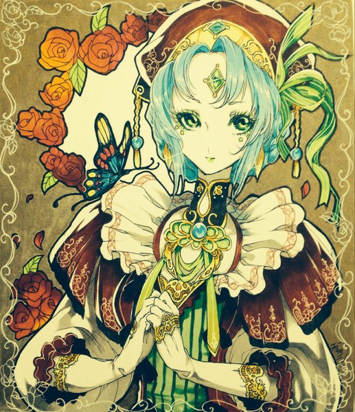 Anime picture 1762x2046 with original wadani hitonori single tall image highres short hair green eyes signed blue hair looking away upper body hands clasped brown background traditional media forehead mark marker (medium) girl flower (flowers) detached sleeves earrings
