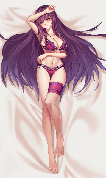 Anime picture 1999x3365 with fate (series) fate/grand order scathach (fate) (all) scathach skadi (fate) kurosara single tall image looking at viewer blush fringe highres breasts light erotic smile hair between eyes red eyes large breasts purple hair full body lying