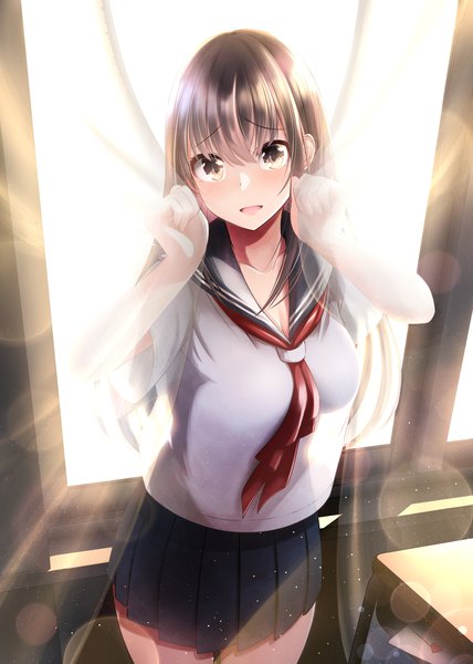 Anime picture 1488x2088 with original moe2019 nekobaka single long hair tall image looking at viewer blush fringe breasts open mouth hair between eyes brown hair standing holding brown eyes payot indoors pleated skirt sunlight