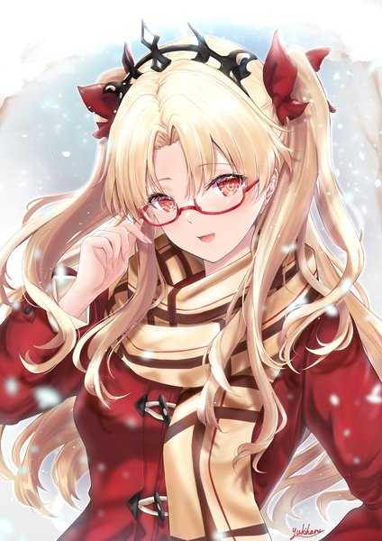 Anime-Bild 1358x1920 mit fate (series) fate/grand order ereshkigal (fate) yuki haru single long hair tall image looking at viewer blush fringe open mouth blonde hair red eyes signed upper body :d two side up snowing winter adjusting glasses