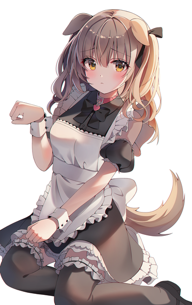Anime picture 1000x1586 with original gin (gin937) single long hair tall image looking at viewer blush fringe simple background hair between eyes brown hair white background sitting animal ears yellow eyes tail animal tail arm up short sleeves maid