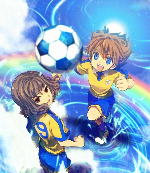 Anime picture 693x800 with inazuma eleven inazuma eleven go shindou takuto matsukaze tenma aofujiake tall image fringe short hair open mouth blue eyes brown hair brown eyes sky cloud (clouds) from above multiple boys football boy uniform 2 boys