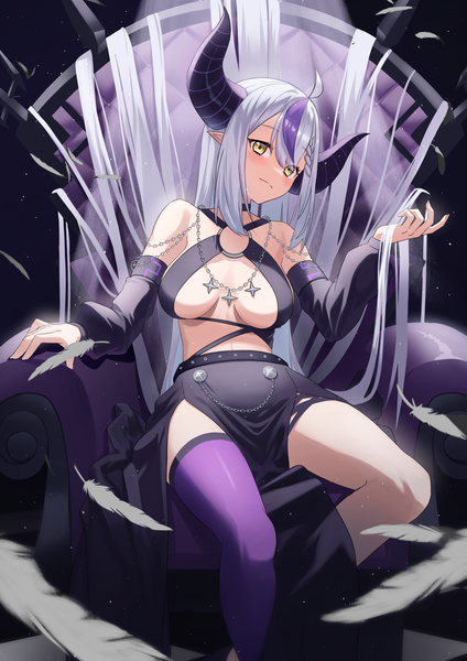 Anime-Bild 2894x4093 mit virtual youtuber hololive la+ darknesss ojisan kamo shiremasen single tall image looking at viewer blush fringe highres breasts light erotic simple background hair between eyes large breasts sitting yellow eyes payot silver hair ahoge