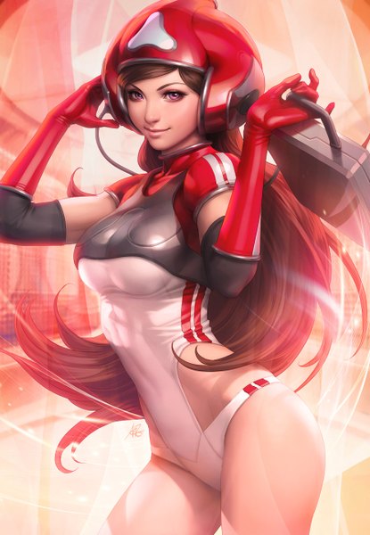 Anime picture 900x1300 with original pepper project artgerm (stanley lau) single long hair tall image looking at viewer fringe light erotic brown hair standing holding signed pink eyes lips realistic arms up floating hair light girl